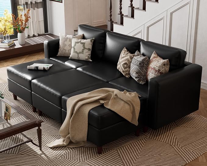 ABCASA 91.5" Faux Leather Luxury Modular Sleeper Sofa Bed with Storage Seat, 6 Seat Sectional Couch Deep Seat with Reversible Chaises & Removable Cover for Living Room - Black