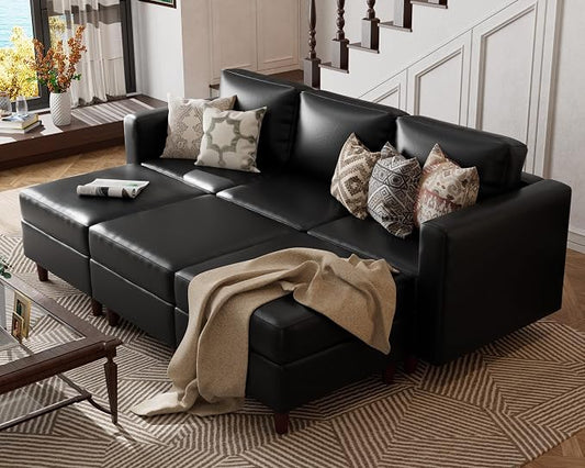 ABCASA 91.5" Faux Leather Luxury Modular Sleeper Sofa Bed with Storage Seat, 6 Seat Sectional Couch Deep Seat with Reversible Chaises & Removable Cover for Living Room - Black