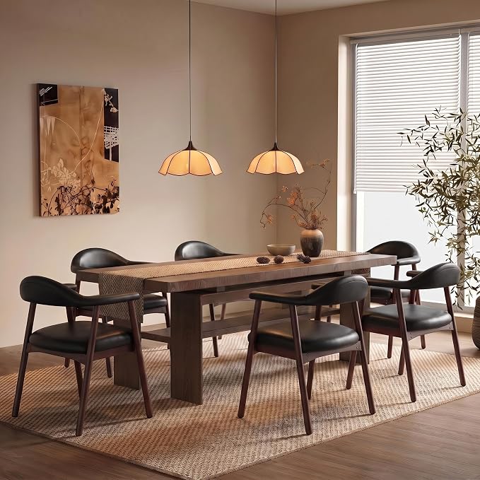 MALOL Leather Dining Chair with Armrest Set of 6, Upholstered Dining Room Chair with Curved Back and Wood Legs, Mid Century Modern Kitchen Chairs for Kitchen Dining Room,Black