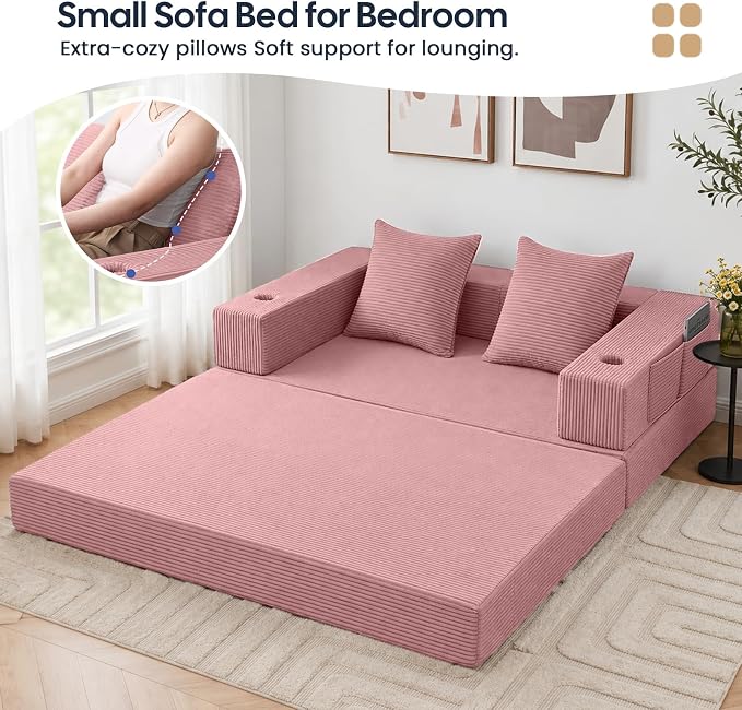 COMAX Futon Sofa Bed, Convertible Sofa Bed, Folding Boneless Couches | Boneless Couch for living room, 4‑in‑1 Fold Out Small Foldable Loveseat Floor Sleeper Mattress Lounge Space‑Saving, Pink
