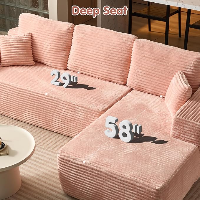 ovios 104" Cloud Boneless Couch with L-Shape Chaise,Modern Sectional Modular Sofa with Deep Seat, Upholstered Couches for Living Room Bedroom,No Assembly Required, Pink (Plush Corduroy Fabric)