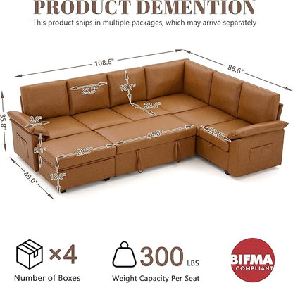 108 Inch Faux Leather Modular Sectional Sofa with Pull Out Bed,U Shaped 7 Seat Sectional Sleeper Sofa with Storage,Sectional Couches for Living Room,Cloud Modular Couch,Brown Leather