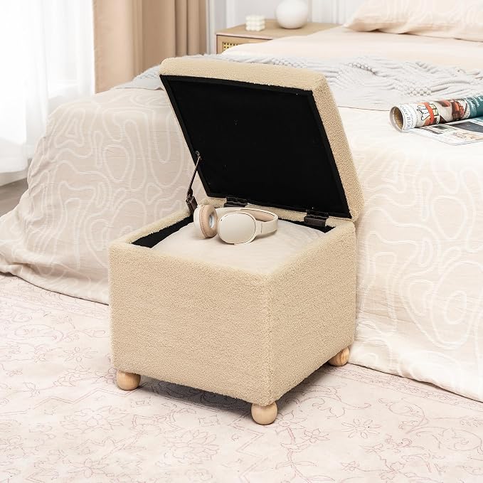 Adeco 17.3" Modern Oatmeal Teddy Velvet Storage Ottoman, Upholstered Cube Foot Stool with Hinged Lid, Round Solid Wood Legs, Versatile Vanity Seat for Living Room, Bedroom