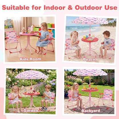Costzon Kids Picnic Table, Kids Outdoor Table with 2 Folding Chairs, Height Adjustable Umbrella, Portable Children Outdoor Furniture for Patio, Garden, Backyard (Pink Butterfly)