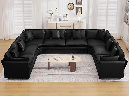 147'' Oversized U Shaped Cloud Sectional Sofa, Leather Deep Seat Couches for Living Room, Comfy Upholstered Modular Sectional Sofa Couch, Leather Black
