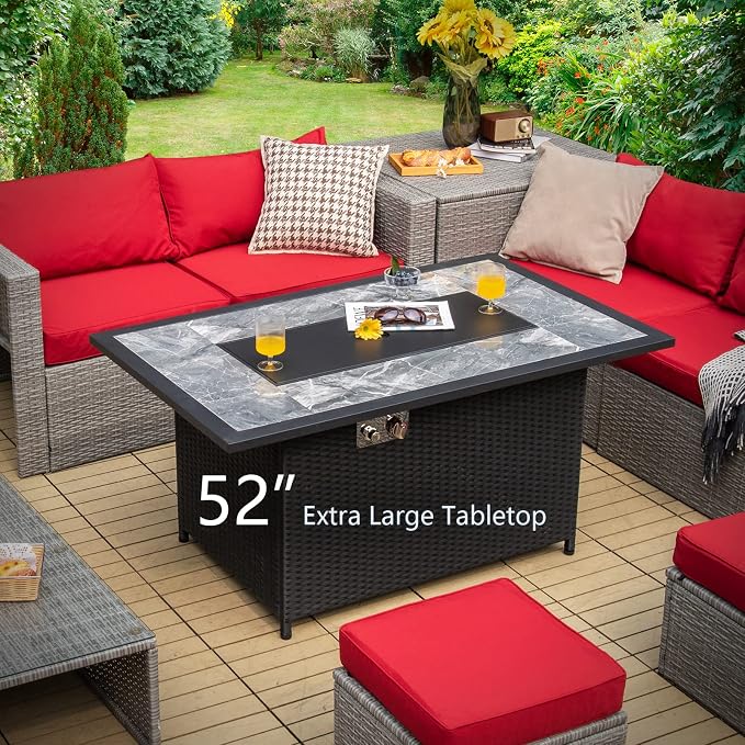 COSTWAY 52" Patio Propane Fire Pit Table, 50,000 BTU Outdoor Fire Table, Electric Pulse Ignition, Marble Tabletop & Weatherproof Rattan, Protective Cover Included, Perfect for Backyard, Poolside