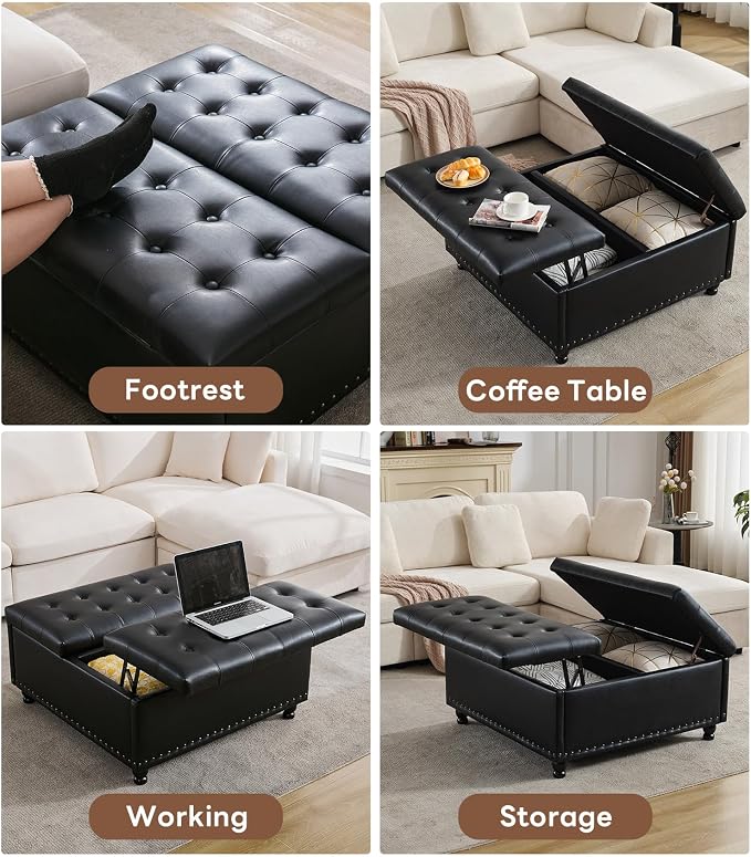 Tbfit Large Square Storage Ottoman Bench, Tufted Upholstered Coffee Table Ottomans with Lift Top & Solid Wood Legs, Oversized Storage Ottomans Toy Box for Living Room (Black)