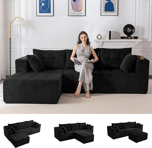 MAXYOYO Modular Sectional Sofa Couch, L Shaped Modern Cloud Couch with 1 Ottoman, Sofa in A Box, Tufted 4-Seat Boneless Chair for Living Room, No Assembly Required, Black