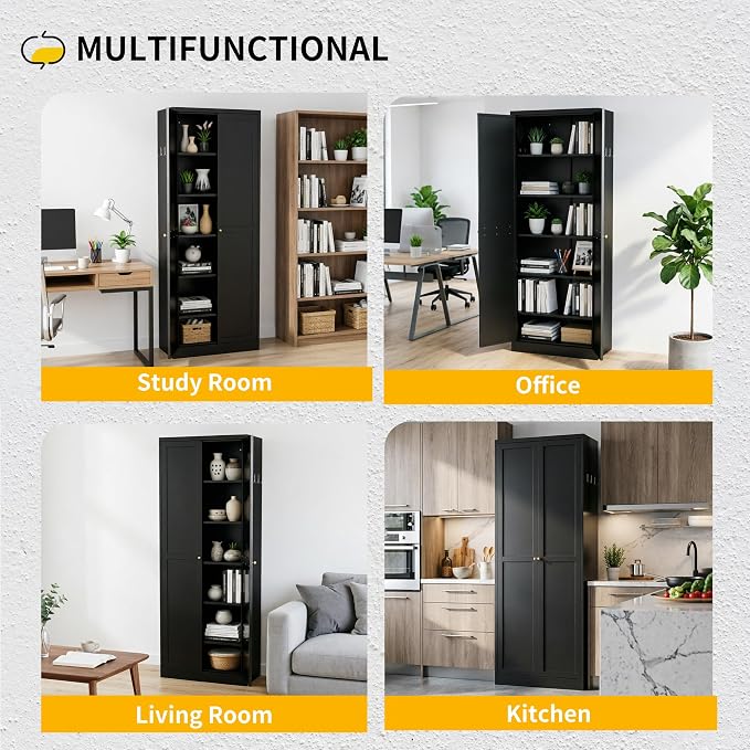 72" Metal Storage Cabinet, Large Capacity Pantry Cabinet with 6-Tier, Kitchen Storage Cabinet with 2 Doors and 5 Adjustable Shelves for Home, Kitchen, Dining, Living Room (Black)