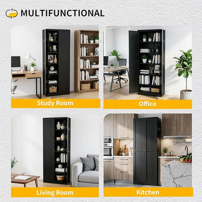 72" Metal Storage Cabinet, Large Capacity Pantry Cabinet with 6-Tier, Kitchen Storage Cabinet with 2 Doors and 5 Adjustable Shelves for Home, Kitchen, Dining, Living Room (Black)