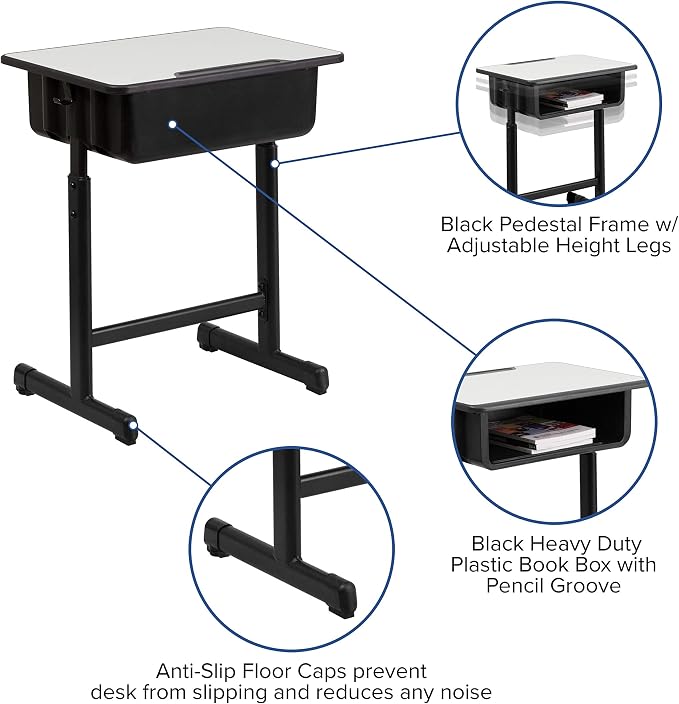 Flash Furniture Billie Student Desks with Grey Tops and Adjustable Height Black Pedestal Frames, Set of 5