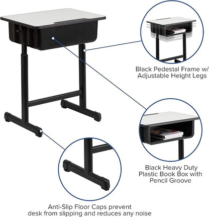 Flash Furniture Billie Student Desks with Grey Tops and Adjustable Height Black Pedestal Frames, Set of 5