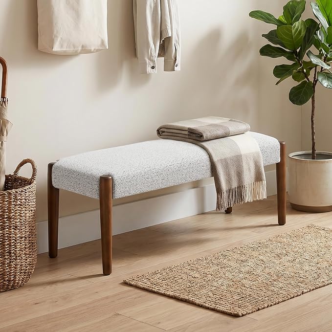 Usaint 42" End of Bed Bench, Modern Upholstered Bedroom Bench with Rubberwood Legs, Entryway Bench with Cushion, Dining Bench for Living Room, Bedroom, Heathered Off-White with Walnut Leg