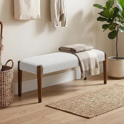 Usaint 42" End of Bed Bench, Modern Upholstered Bedroom Bench with Rubberwood Legs, Entryway Bench with Cushion, Dining Bench for Living Room, Bedroom, Heathered Off-White with Walnut Leg