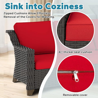 4 Pieces Patio Conversation Furniture Set - 2 Chairs with Ottomans Set of 2, Outdoor Wicker Armchairs with Water-Resistant and Washable Cushions for Porch, Balcony, Sunroom (Red)