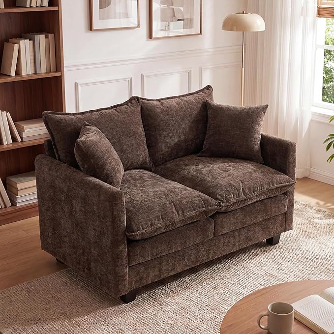 50'' Loveseat Sofa Cloud Sofa Couch, Modern Loveseats 2 Seat Couch 27" Deep Seat with 2 Pillows for Small Spaces Apartment Studio Office Bedroom Living Room, Brown