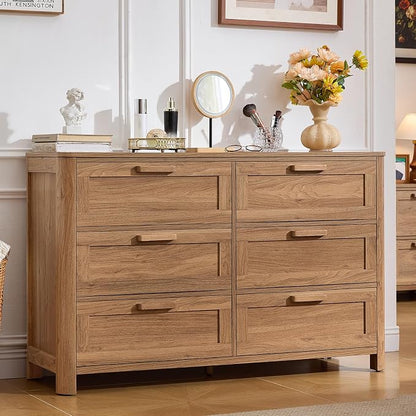 Joaxswe Farmhouse 6 Drawer Dresser for Bedroom, Horizontal Dressers with 6 Deep Drawers & 4 Thickened Table Legs, Brown