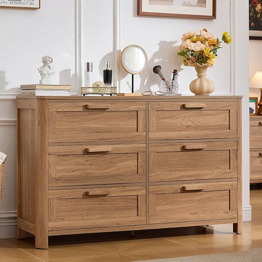 Joaxswe Farmhouse 6 Drawer Dresser for Bedroom, Horizontal Dressers with 6 Deep Drawers & 4 Thickened Table Legs, Brown