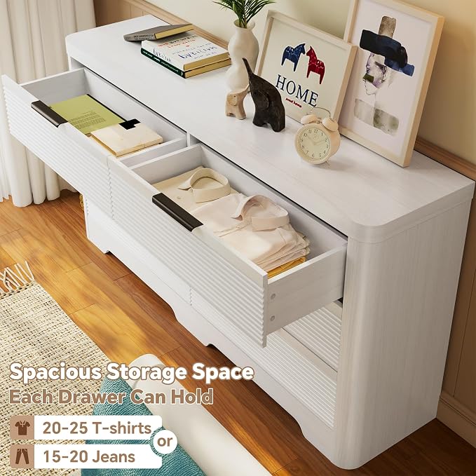 FUSUNBAO Fluted 6 Drawer Dresser, Modern Wood Dresser for Bedroom,TV Stand,Thickened Curved Profile Design,Bedroom,Entryway,Wood Drawer Organizer (White Oak)