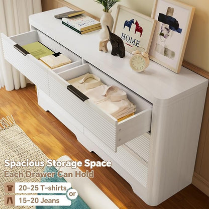 FUSUNBAO Fluted 6 Drawer Dresser, Modern Wood Dresser for Bedroom,TV Stand,Thickened Curved Profile Design,Bedroom,Entryway,Wood Drawer Organizer (White Oak)