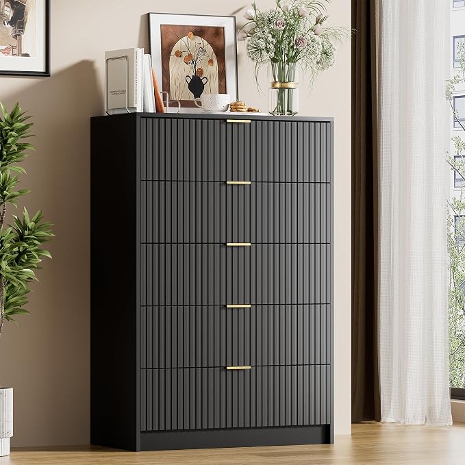 Furniway Black Dresser for Bedroom, Modern Dresser with 5 Drawers and Smooth Slides, Wide Chest of Drawers with Golden Handles for Bedroom, Living Room, Closet, 15.7" D x 31.5" W x 47.2" H