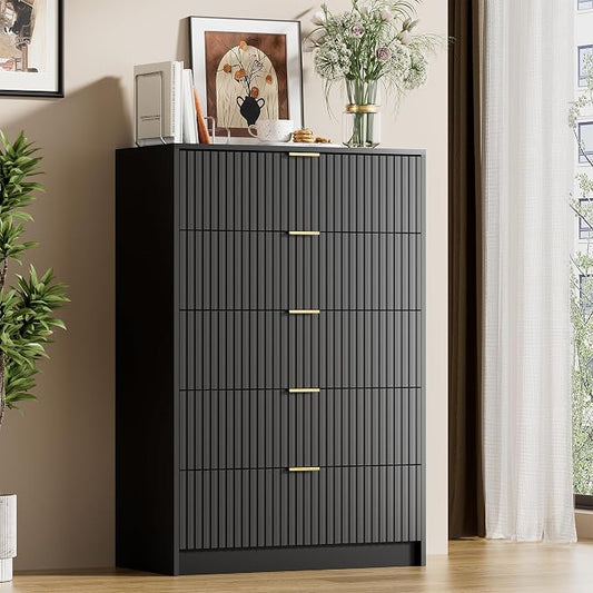 Furniway Black Dresser for Bedroom, Modern Dresser with 5 Drawers and Smooth Slides, Wide Chest of Drawers with Golden Handles for Bedroom, Living Room, Closet, 15.7" D x 31.5" W x 47.2" H