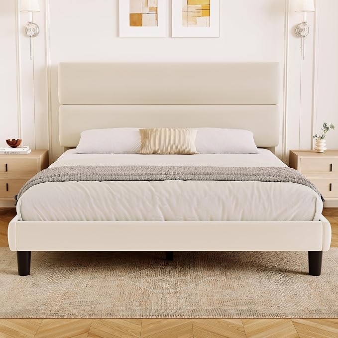 GRUSIGN Queen Size Platform Bed Frame with Velvet Headboard, Adjustable Height Wooden Slats Support, Upholstered Mattress Foundation, Fits Mattress or Mattress with Box Spring, Easy Assembly, Beige