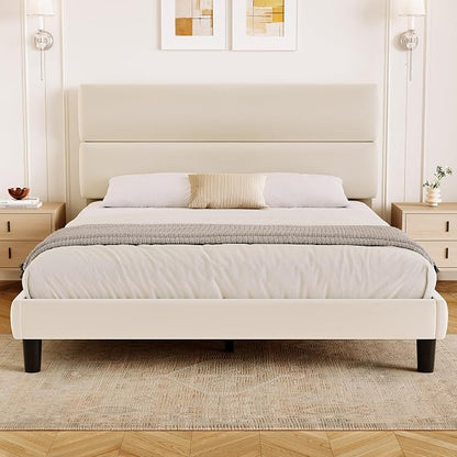 GRUSIGN Queen Size Platform Bed Frame with Velvet Headboard, Adjustable Height Wooden Slats Support, Upholstered Mattress Foundation, Fits Mattress or Mattress with Box Spring, Easy Assembly, Beige