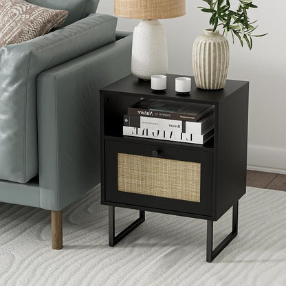 Masupu Rattan Nightstand,Boho Night Stand Modern Farmhouse Wood Bedside Table with Storage Drawer and Open Shelf,Side End Table for Bedroom,Living Room,Office Black