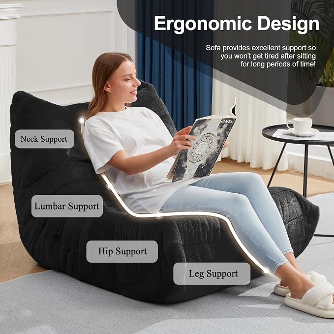 Hobestluk Adults Bean Bag Chair Faux Fur BeanBag Couch for Living Room | Black Plush,Ergonomic Design,Memory Foam,UltraSoft,Anti-slip Bottom,No Assembly Required,Decorative Style for Living Room