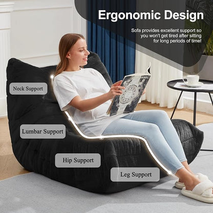 Hobestluk Adults Bean Bag Chair Faux Fur BeanBag Couch for Living Room | Black Plush,Ergonomic Design,Memory Foam,UltraSoft,Anti-slip Bottom,No Assembly Required,Decorative Style for Living Room