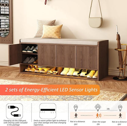 HOMEFORT 47.2" Fluted Shoe Storage Bench, Entryway Bench with Linen Seat Cushion, Shoe Cabinet Bench with Adjustable Shelf and Built-in LED Sensor Light, Bench for Bedroom End of Bed, Walnut