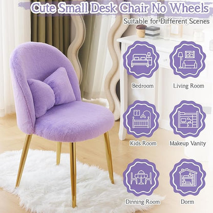 VINGLI Fluffy Girls Vanity Chair with Back & Pillow,Cute Small Cozy Desk Chair No Wheels,Comfy Makeup Ch with Ajustable Gold Legs,for Bedroom,Living Room,Small Space,Purple
