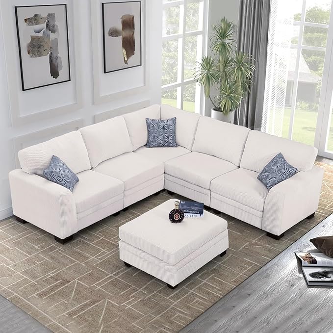 Legend Vansen U-Shaped Modular Sectional Sofa,Corduroy Couch with Ottoman,Deep Seat & Removable Cushion,6-Seat Oversized Sofa,Easy Assembly for Living Room Apartment