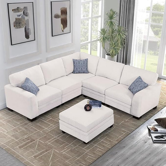 Legend Vansen U-Shaped Modular Sectional Sofa,Corduroy Couch with Ottoman,Deep Seat & Removable Cushion,6-Seat Oversized Sofa,Easy Assembly for Living Room Apartment
