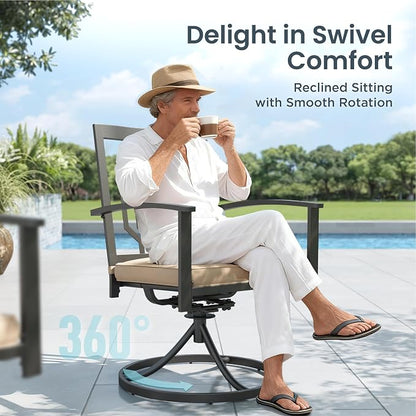 PHI VILLA 9 Pieces Outdoor Dining Set for 8, 57.5" Black Square Wrought Iron Table with Umbrella Hole & Swivel Metal Chairs with Cushions, Large Outside Furniture Set for Patio, Deck, Yard, Porch