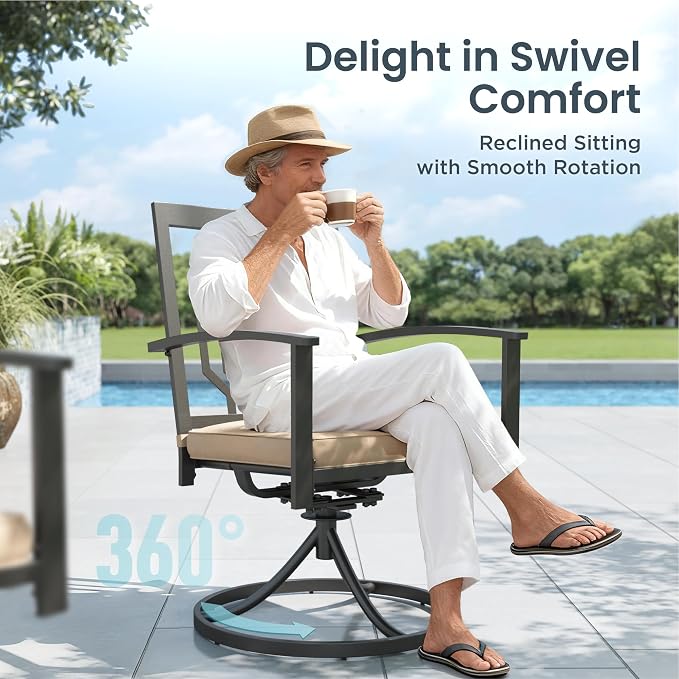 PHI VILLA 5 Pieces Outdoor Dining Set for 4, 37” Square Wrought Iron Table with Ploywood Tabletop & Swivel Metal Steel Chairs with Cushions, Outside Furniture Set for Patio, Porch, Deck, Backyard