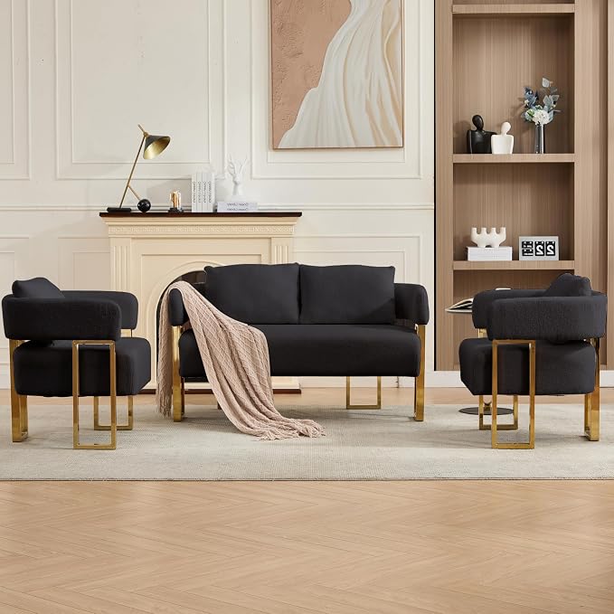 YISHENG Loveseat Sofa Modern Accent Chairs for Living Room with Golden Metal Legs Soft Teddy Upholstered Reading Armchairs no Wheels for Reception Room//Bedroom/Lounge/Office, Black