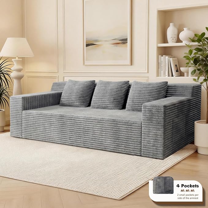 71" Corduroy Living Room Sofa, 3 Setaser Deep Seat Couch with 3 Lumbar Pillows, Comfy Boneless Sofa Modern Compressed Couch for Bedroom, Office, Apartment, No Assembly, Flat Armrests (Light Grey)
