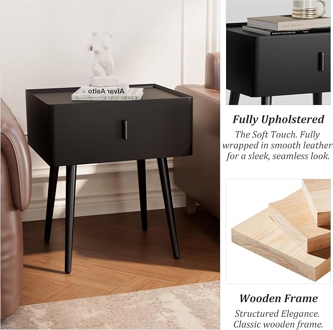Nightstand Set of 2 with Single Drawer, Leather Side Table, Modern Bedside Table with Metal Legs for Bedroom, Small Accent End Table, Black
