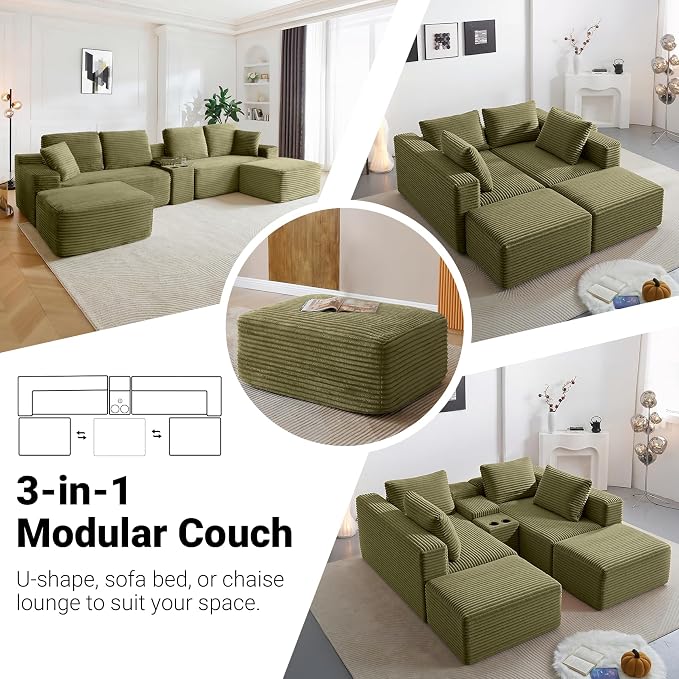 ivoros 150 Inch Modular Sectional Sofa Couch, Oversized Modern Cloud Couch for Living Room, U Shape Couches with 2 Ottomans, USB Ports and Cup Holders, Green Corduroy Boneless Sofas, Sofa in a Box