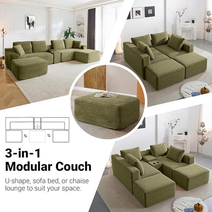 ivoros 150 Inch Modular Sectional Sofa Couch, Oversized Modern Cloud Couch for Living Room, U Shape Couches with 2 Ottomans, USB Ports and Cup Holders, Green Corduroy Boneless Sofas, Sofa in a Box