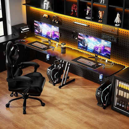 Czlolo 47 Inch Gaming Desk with Power Outlets, L-Shape Leg Computer Desk, Gamer Desk for Small Space, Wtih Cup Holder, Headphone Stand, USB＆ Tpye-C Ports, Carbon Fiber Surface, Black