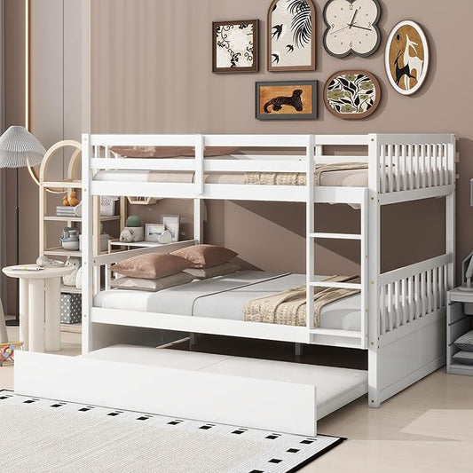 Bellemave Full Over Full Bunk Bed with Trundle,Convertible Bunk Beds with Ladder & Safety Guardrails,Full Size Trundle Bunk Beds for Kids Girls Boys,White