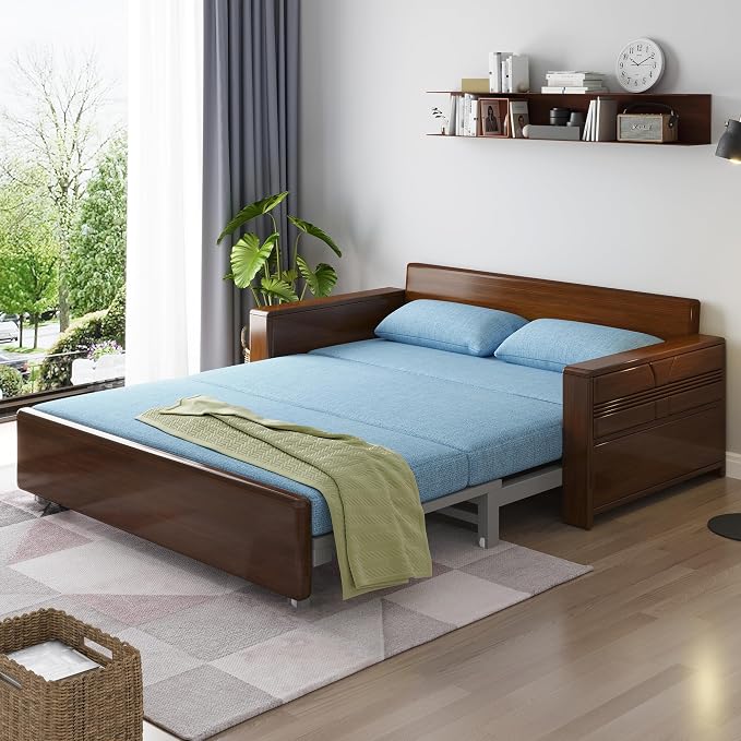 3 in 1 Pull-Out Convertible Sofa Bed, 59" Blue Plush Cushion Sleeper Couch, Reversible Chaise, Walnut Solid Wood Frame for Home, Office, Apartment