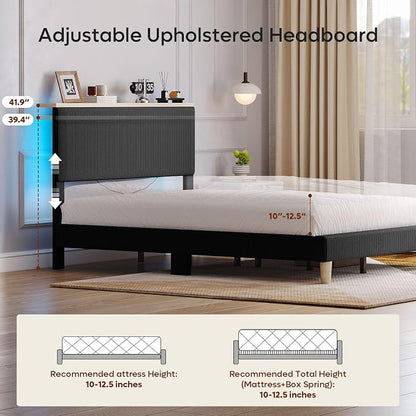 Bestier Queen Bed Frame with Adjustable Headboard & LED Lighting, Corduroy Upholstered Platform Bed Frame with Storage Shelf, Solid Wood Slats, No Box Spring Needed, Never Squeak, Easy Assembly, Black