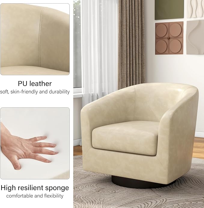 Swivel Barrel Accent Chair, Modern Round Faux Leather Arm Chair for Living Room, Bedroom, Comfy Club Reading Chairs for Adults(Faux Leather, Cream, Set of 4)
