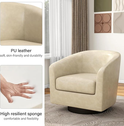 Swivel Barrel Accent Chair, Modern Round Faux Leather Arm Chair for Living Room, Bedroom, Comfy Club Reading Chairs for Adults(Faux Leather, Cream, Set of 1)