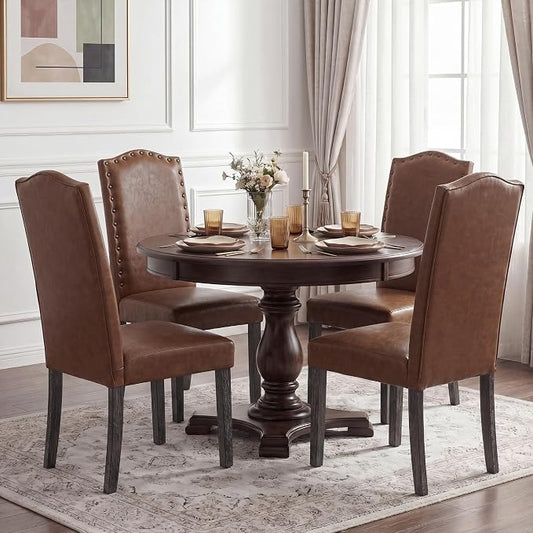 LSSBOUGHT PU Dining Chair Upholstered Parsons Kitchen Chair with Copper Nails and Solid Wood Legs for Dining Room,Restaurant (Brown, 4PCS)