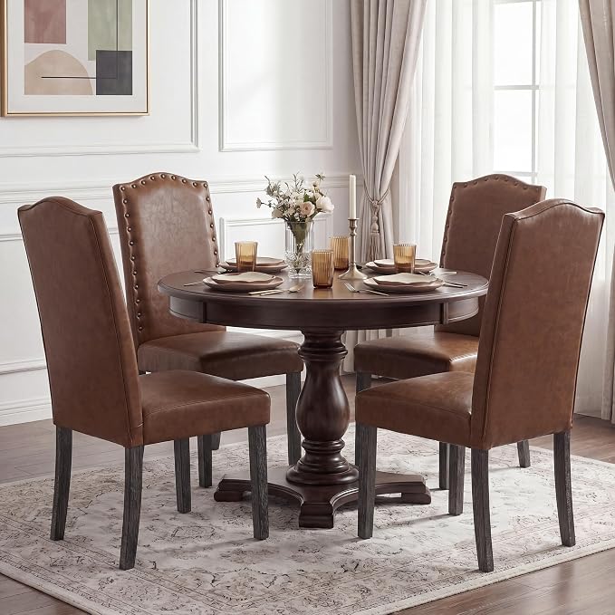 LSSBOUGHT PU Dining Chair Set of 2 Upholstered Parsons Kitchen Chair with Copper Nails and Solid Wood Legs for Dining Room,Restaurant(Brown, 2PCS)